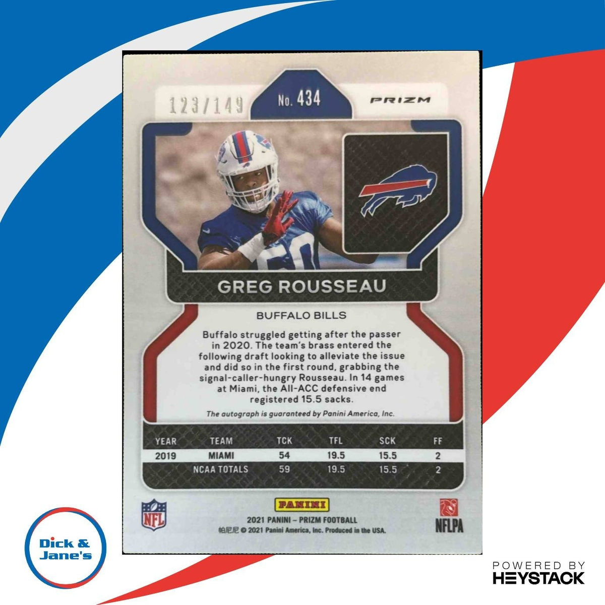 2021 Panini Prizm Greg Rousseau Rookie Auto Red Wave /149 #434 RC Buffalo Bills