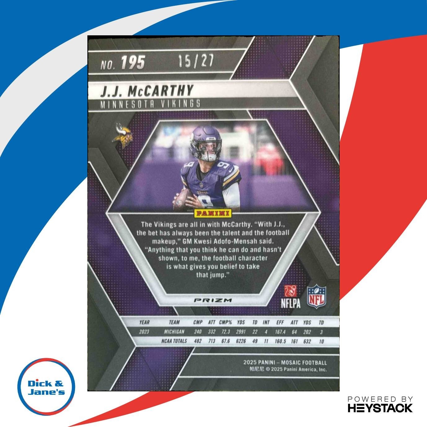 2025 Panini Mosaic J.J. McCarthy Red /27 #195 Minnesota Vikings