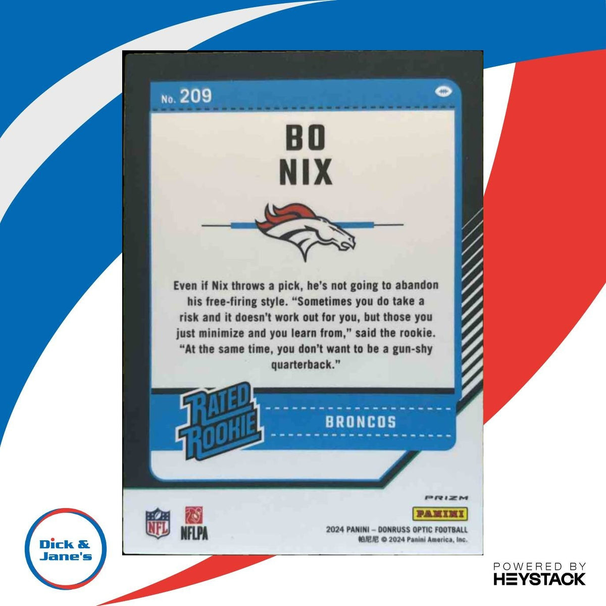 2024 Panini Donruss Optic Bo Nix Blue Hyper #209 Rated Rookie Denver Broncos