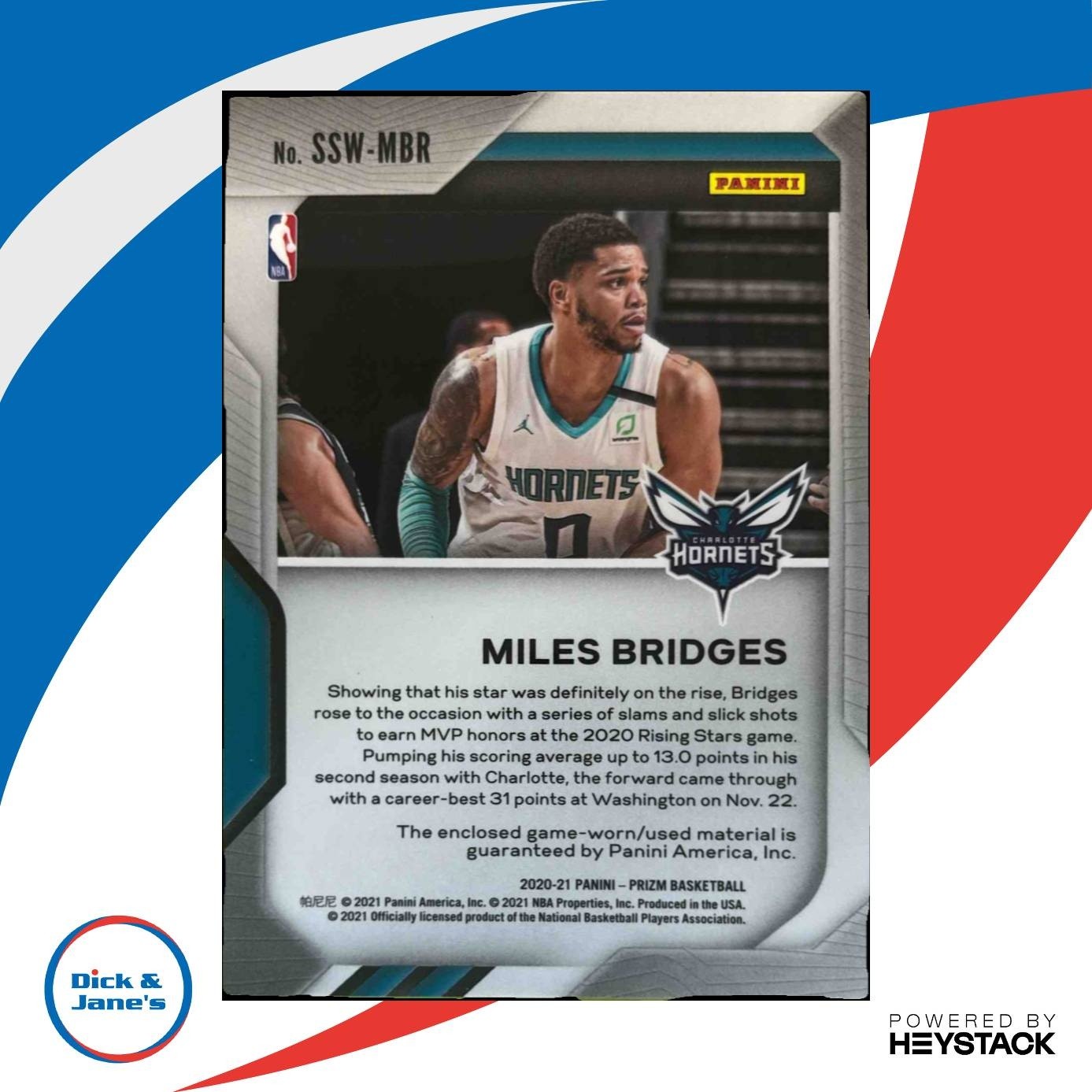 2020-21 Panini Prizm Miles Bridges Sensational Swatches MEM Charlotte Hornets