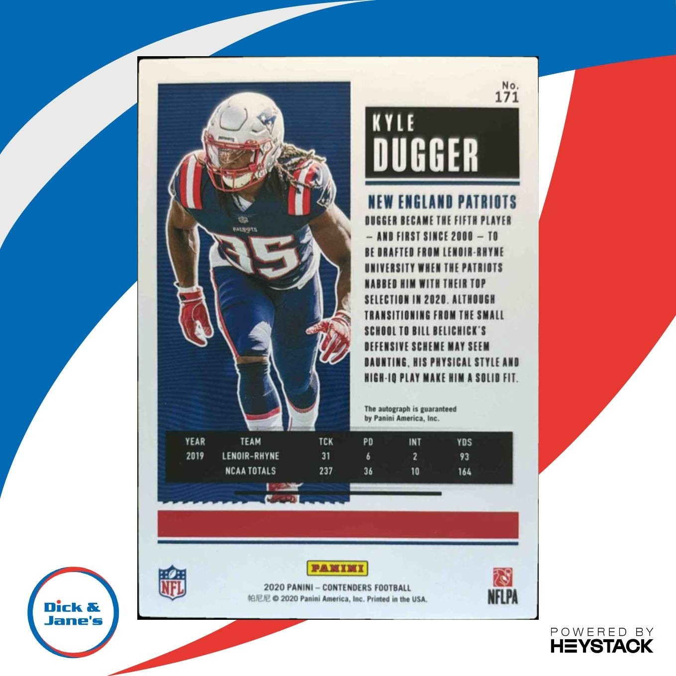 2020 Contenders Kyle Dugger #171 Auto RC Rookie Ticket New England Patriots