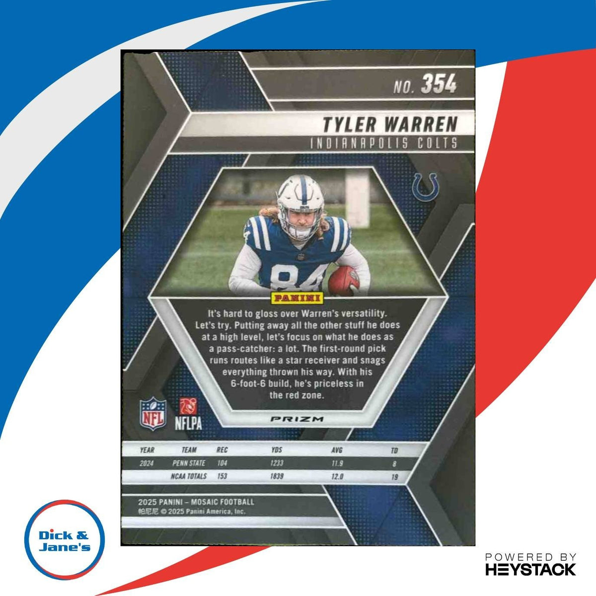 2025 Panini Mosaic Tyler Warren Rookies Purple Scope #354 RC Indianapolis Colts