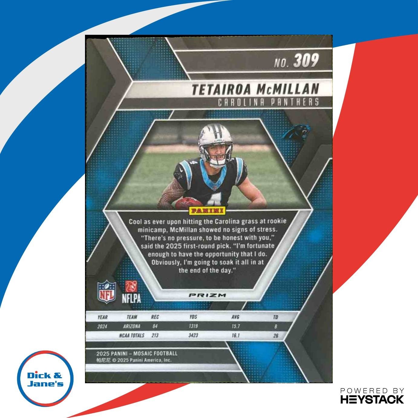 2025 Panini Mosaic Tetairoa McMillan Rookies Purple Scope Prizm #309 RC Panthers