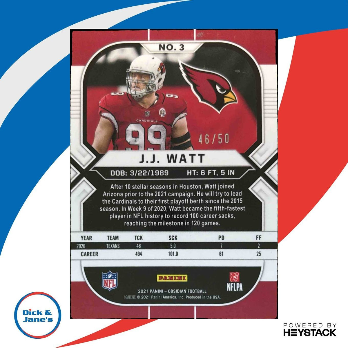 2021 Panini Obsidian J.J. Watt Electric Etch Green 46/50 #3 Arizona Cardinals