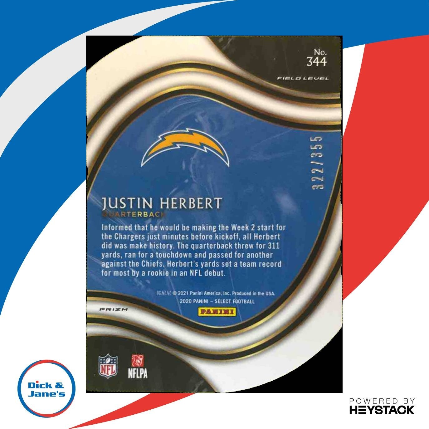 2020 Select Justin Herbert Copper Prizm Die Cut /355 #344 RC Los Angeles Charger