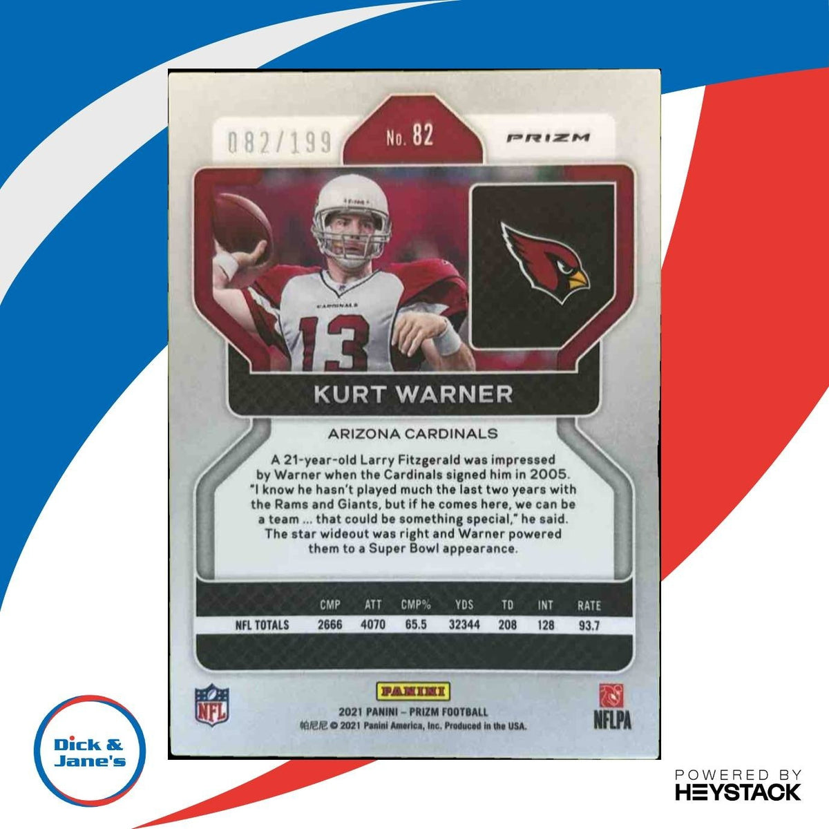 2021 Panini Prizm Kurt Warner Blue Wave 82/199 #82 Arizona Cardinals