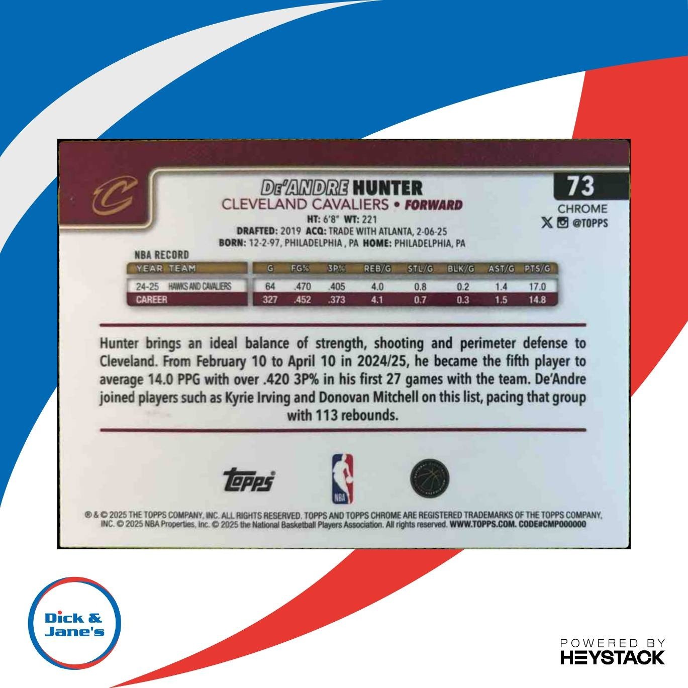 2025-26 Topps Chrome De'Andre Hunter Green Refractor /99 #73 Cleveland Cavaliers