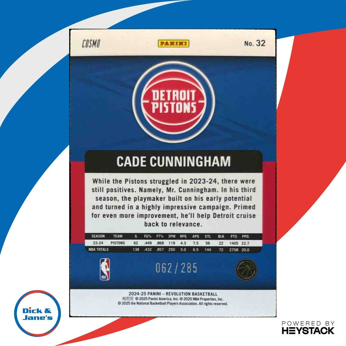 2024-25 Panini Revolution Cade Cunningham Blue Cosmo 62/285 #32 Detroit Pistons