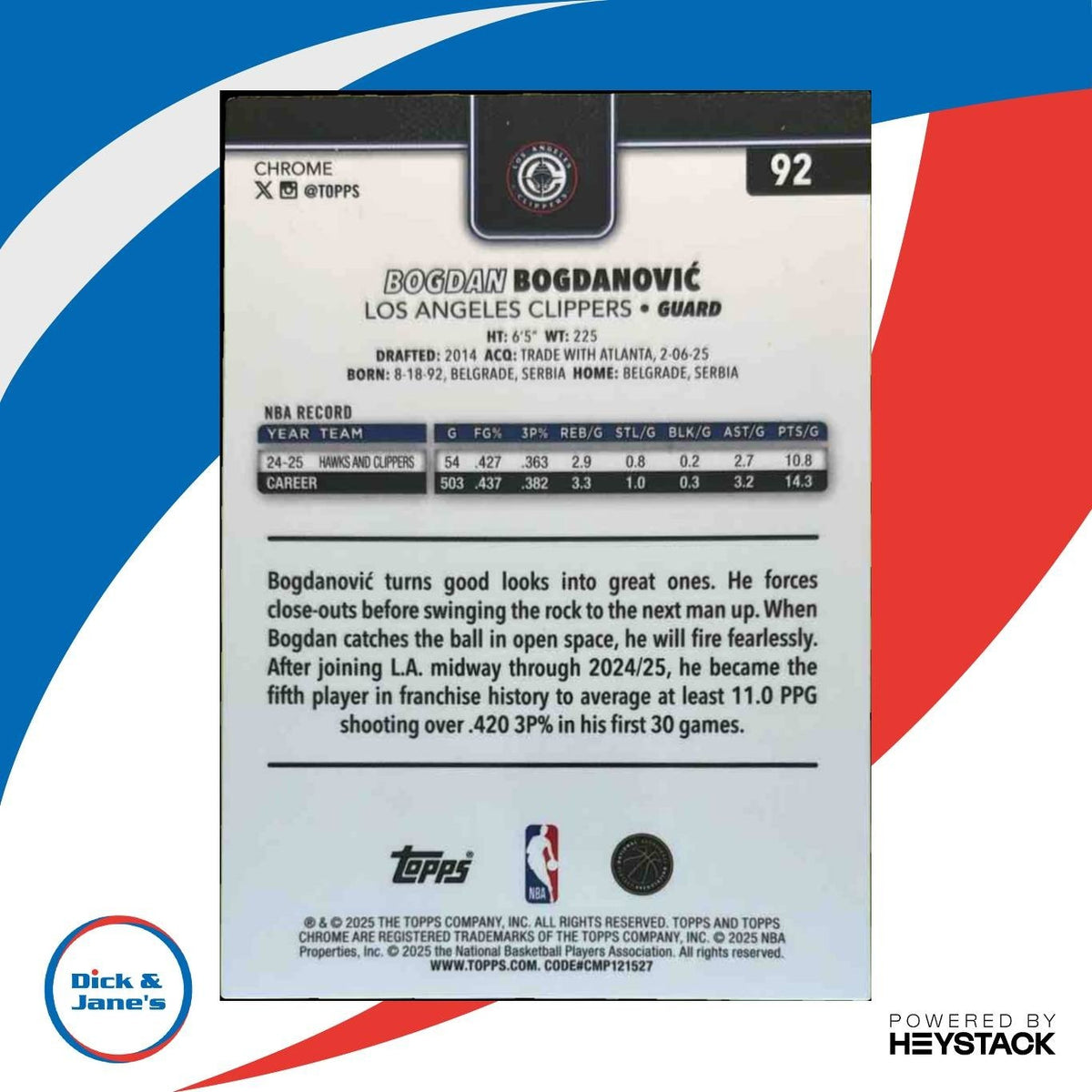 2025-26 Topps Chrome Bogdan Bogdanovic Purple Wave /75 #92 Los Angeles Clippers