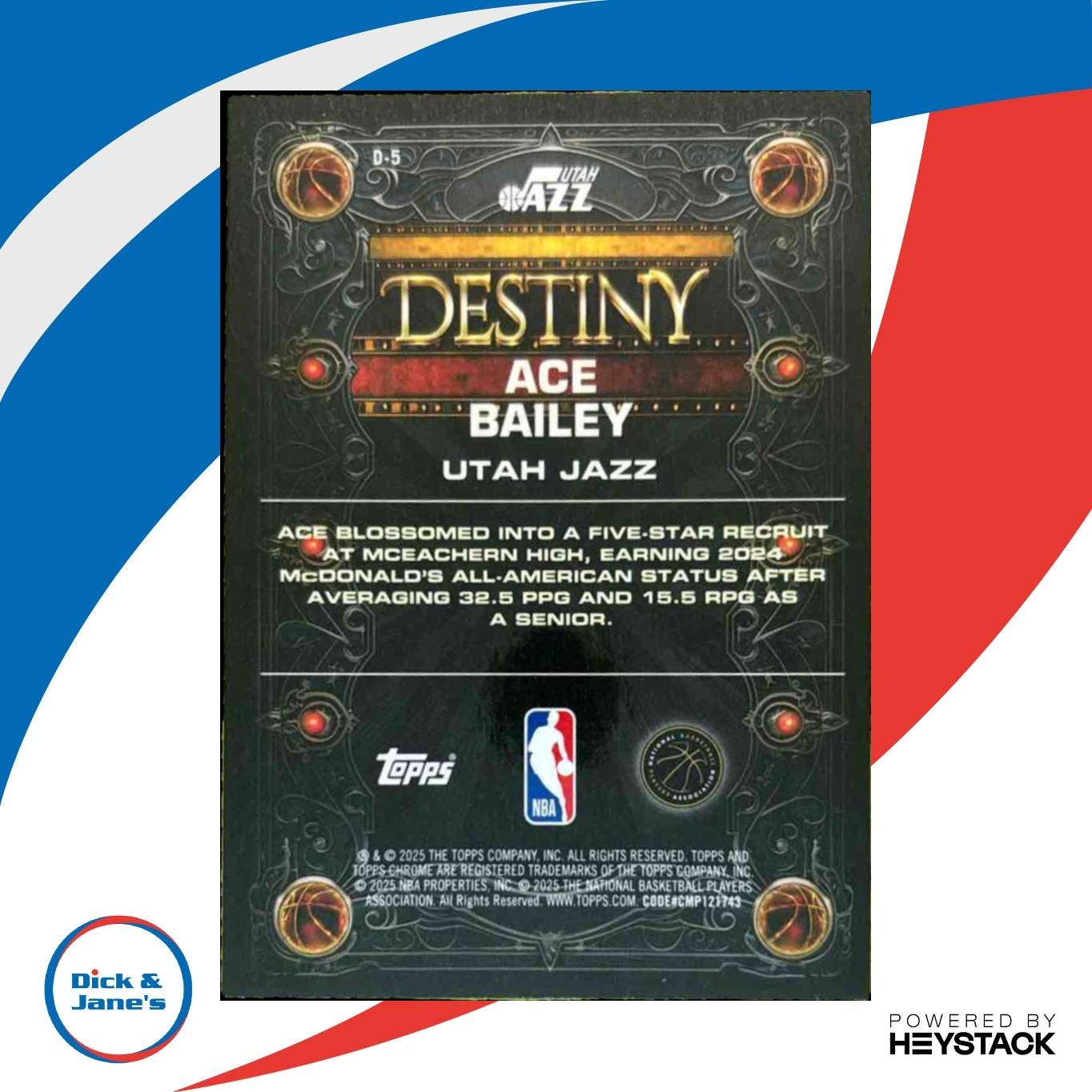 2025-26 Topps Chrome Ace Bailey Destiny #D-5 RC Utah Jazz