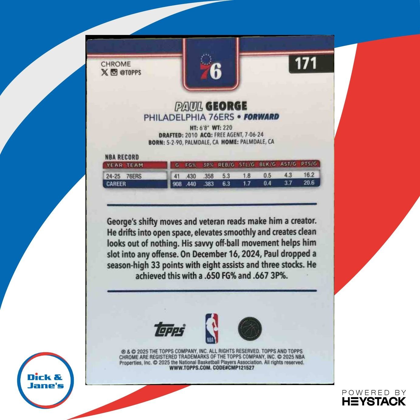 2025-26 Topps Chrome Paul George RayWave Yellow /275 #171 Philadelphia 76ers