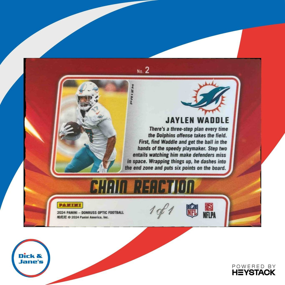 2024 Donruss Optic Jaylen Waddle Chain Reaction Gold Vinyl 1/1 #2 Miami Dolphins
