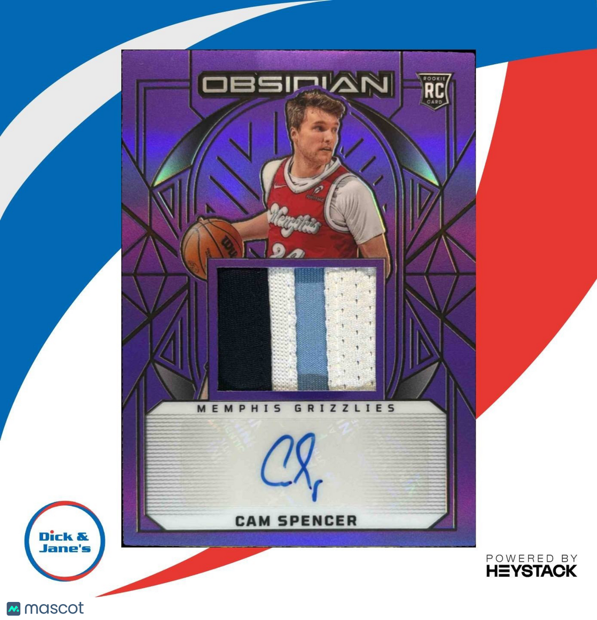 2024-25 Obsidian Cam Spencer Jersey Auto Purple /75 #232 RC Memphis Grizzlies