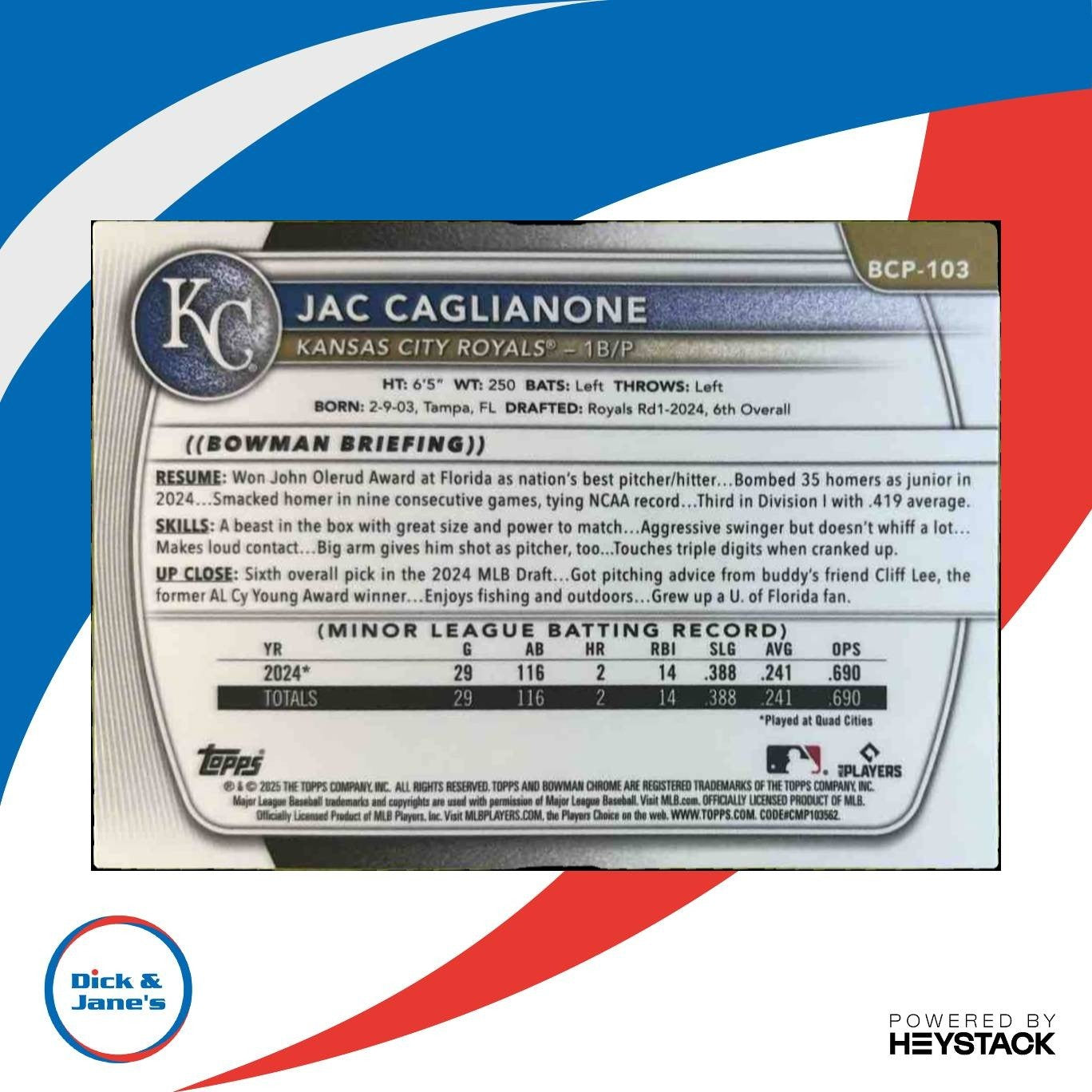 2025 Bowman Jac Caglianone Chrome Prospects Mega Box Refractor #BCP-103 Royals