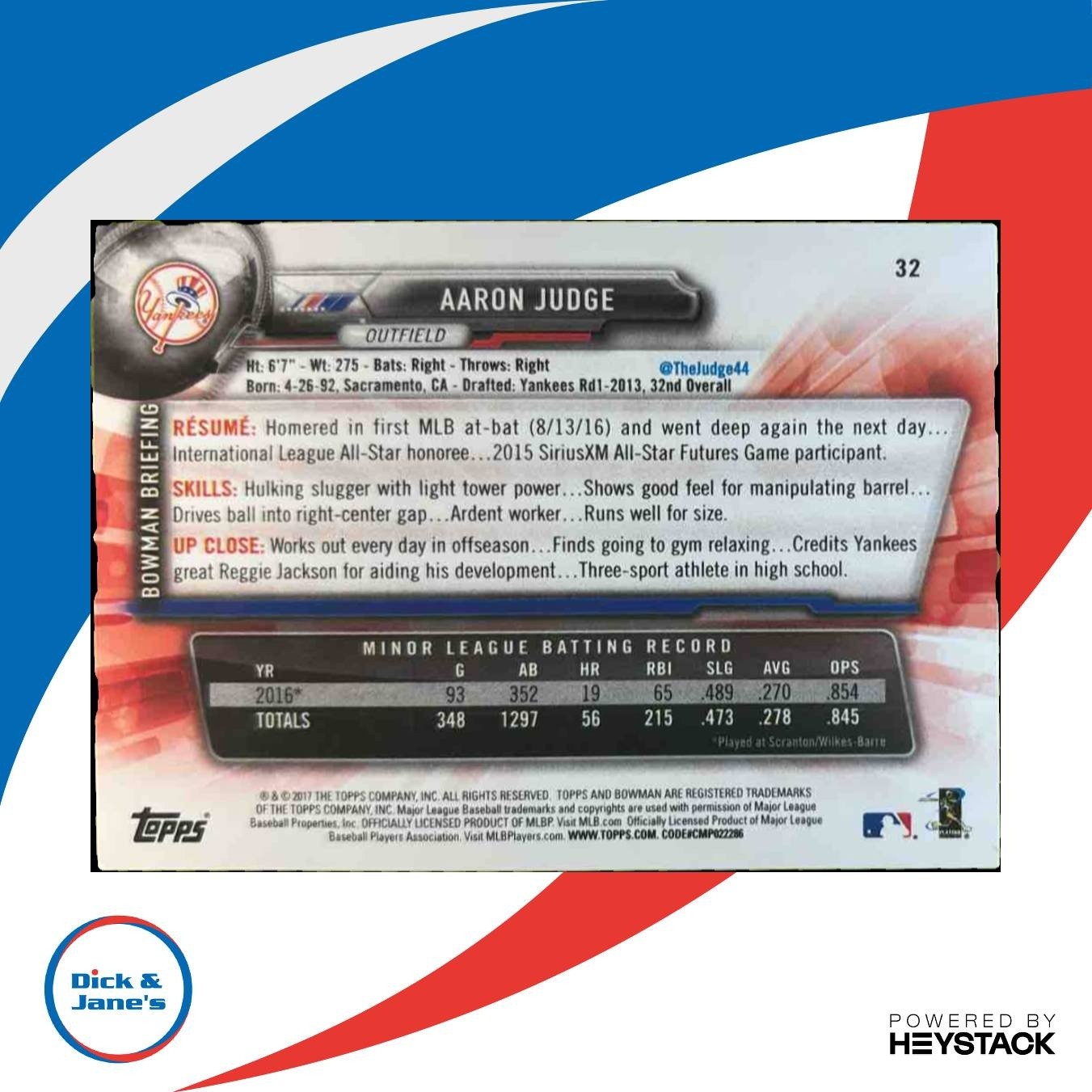 2017 Bowman Aaron Judge #32 RC New York Yankees