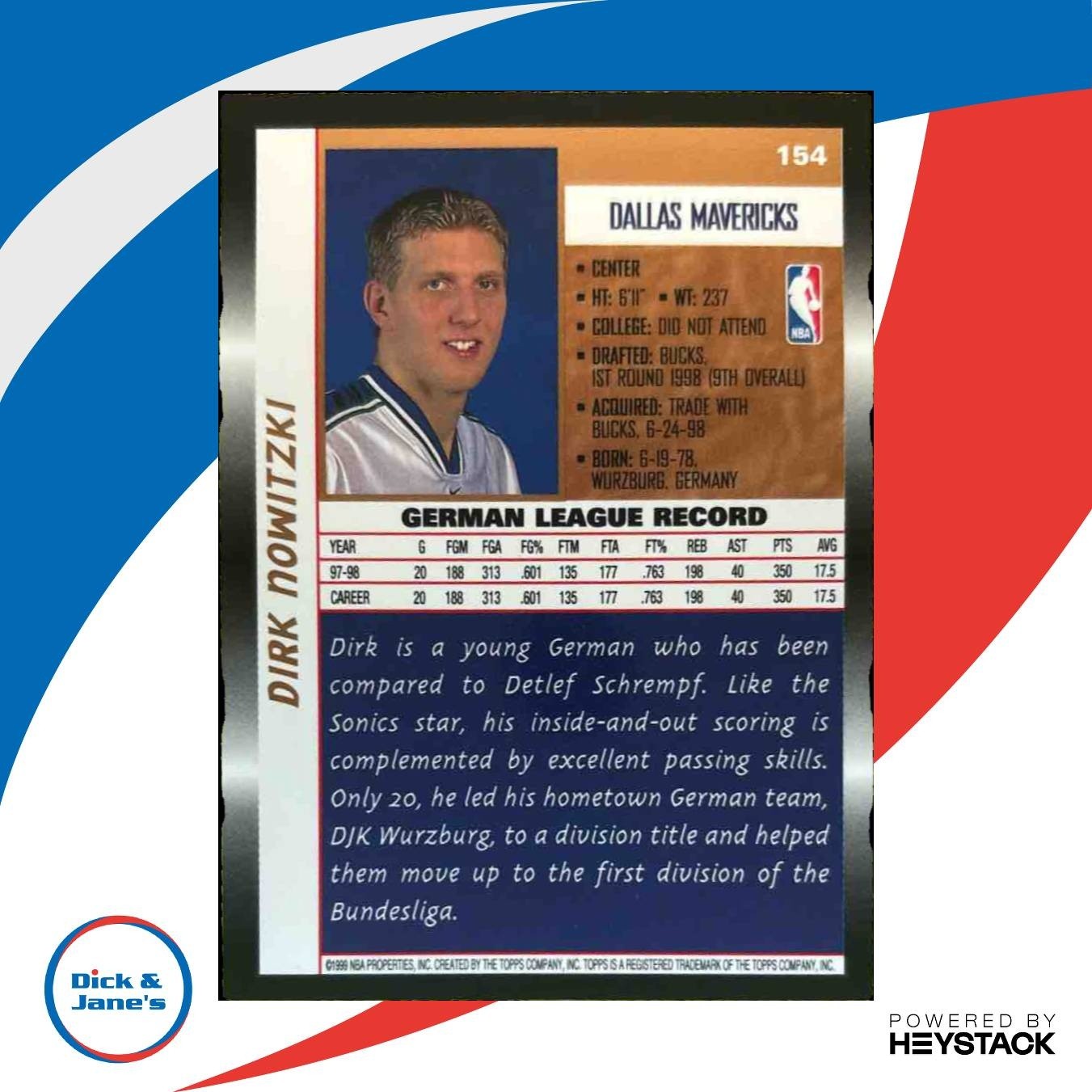 1998-99 Topps Dirk Nowitzki #154 RC Dallas Mavericks