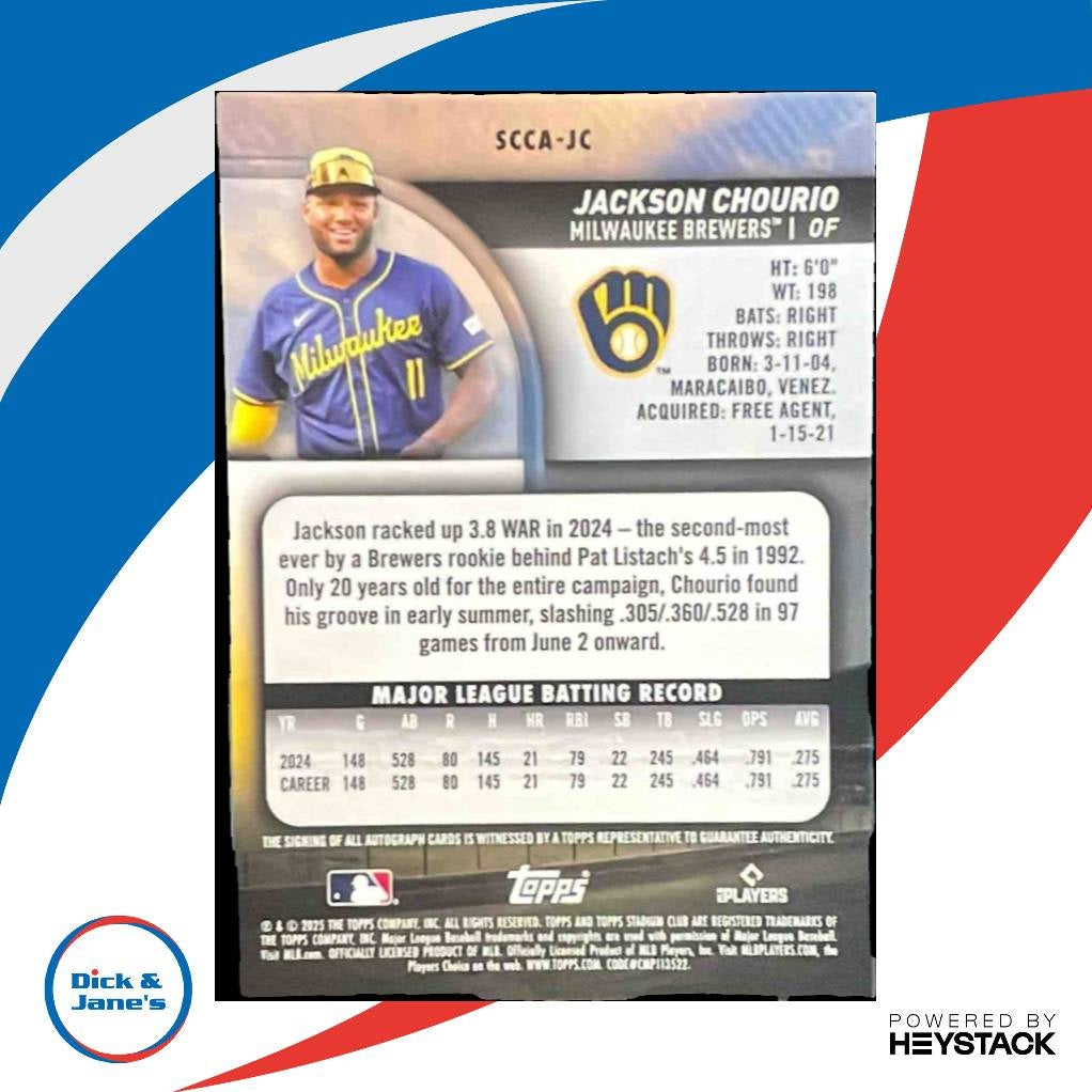 2025 Topps Stadium Club Jackson Chourio Chrome Auto Gold Refractor 16/50 Brewers