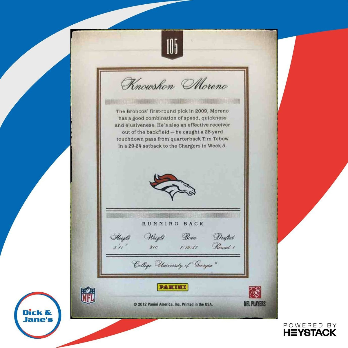 2011 Panini Prime Signatures Knowshon Moreno /499 #105 Denver Broncos