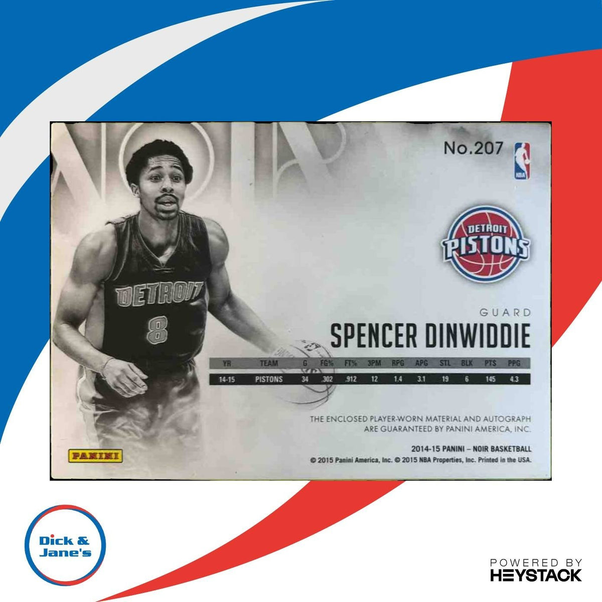 2014-15 Panini Noir Spencer Dinwiddie 70/99 #207 RC Patch Auto Detroit Pistons
