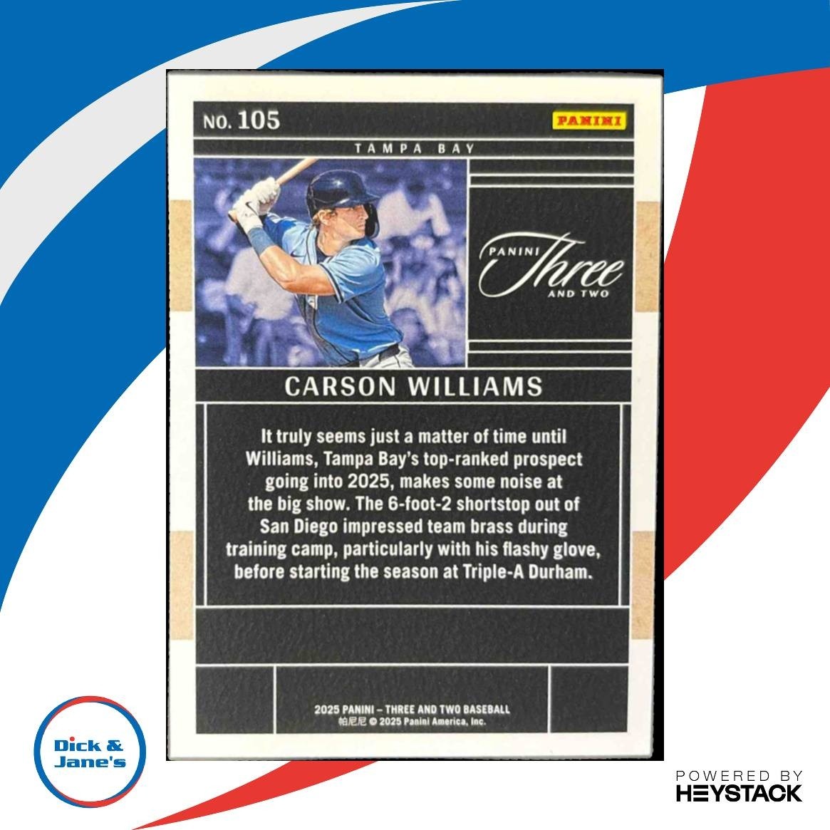 2025 Panini Three and Two Carson Williams Navy Blue /25 #105 Tampa Bay Rays