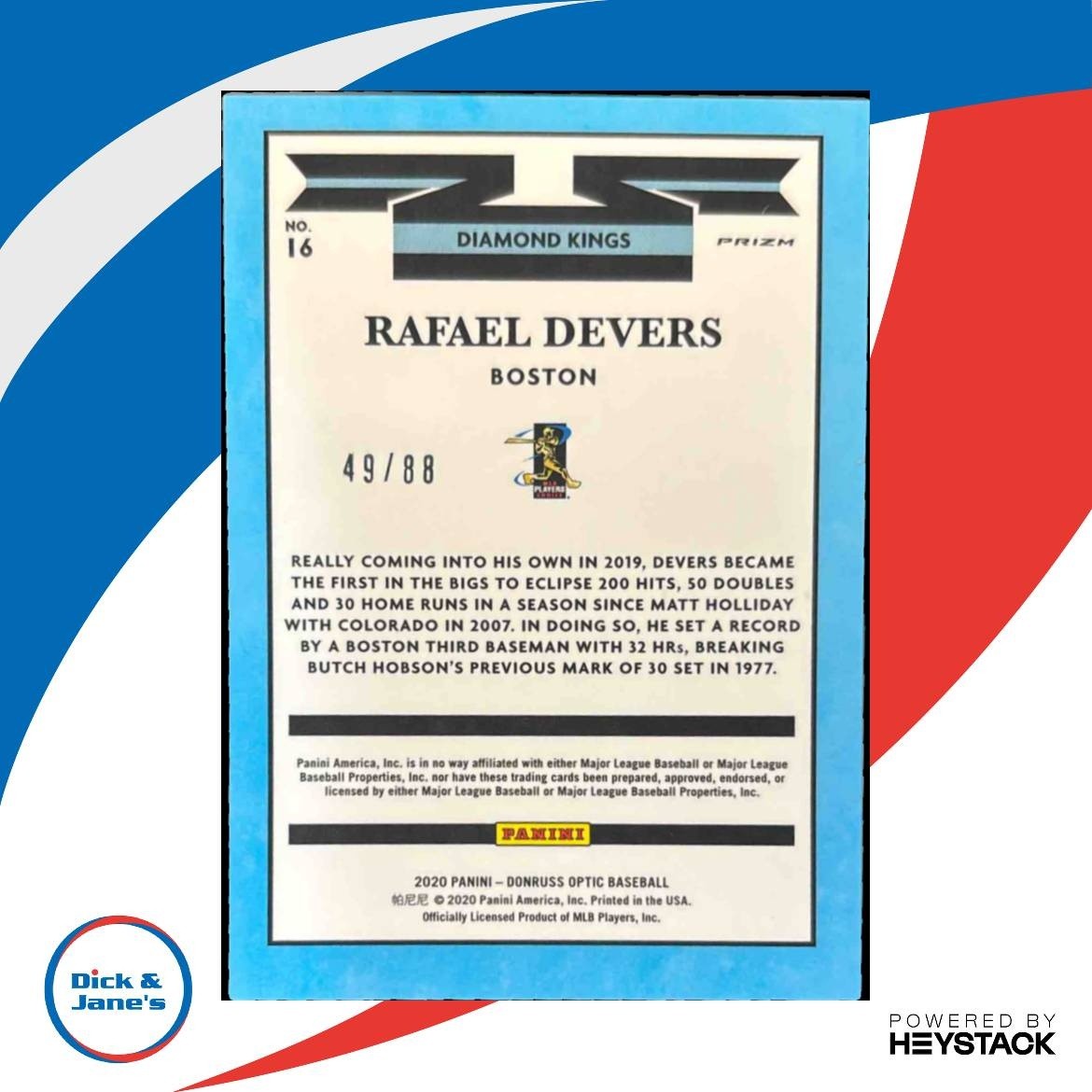 2020 Donruss Optic Rafael Devers Dragon Red 49/88 #16 Diamond Kings Boston Sox