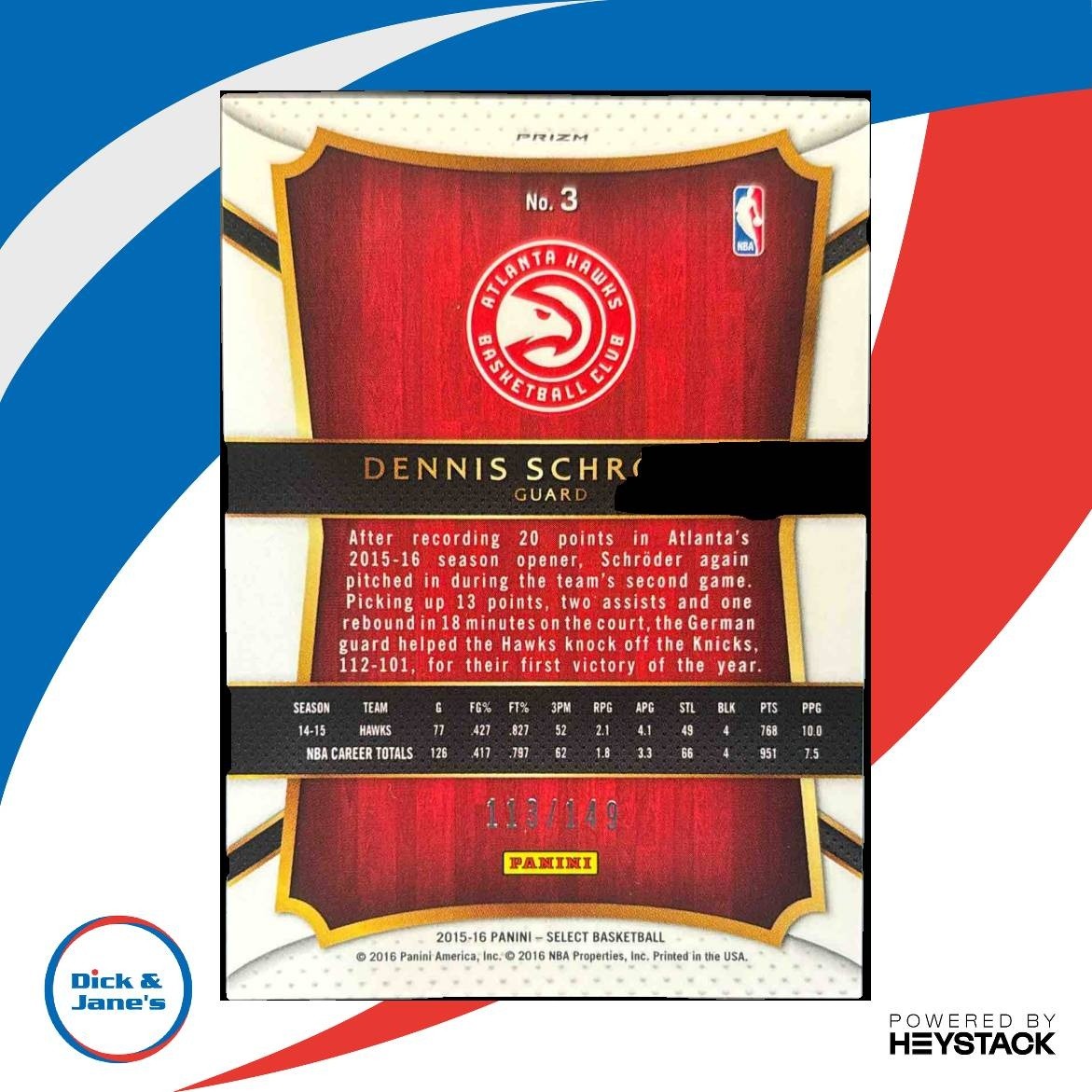 2015-16 Panini Select Dennis Schroder Red Prizms /149 #3 Atlanta Hawks