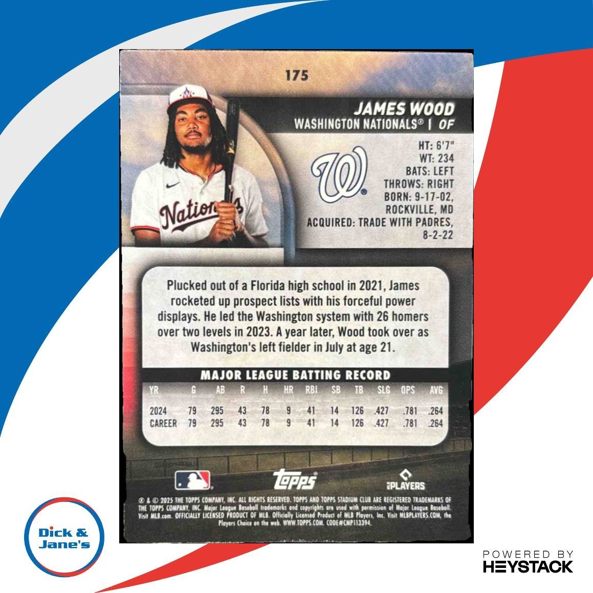 2025 Topps Stadium Club James Wood #175 RC Washington Nationals