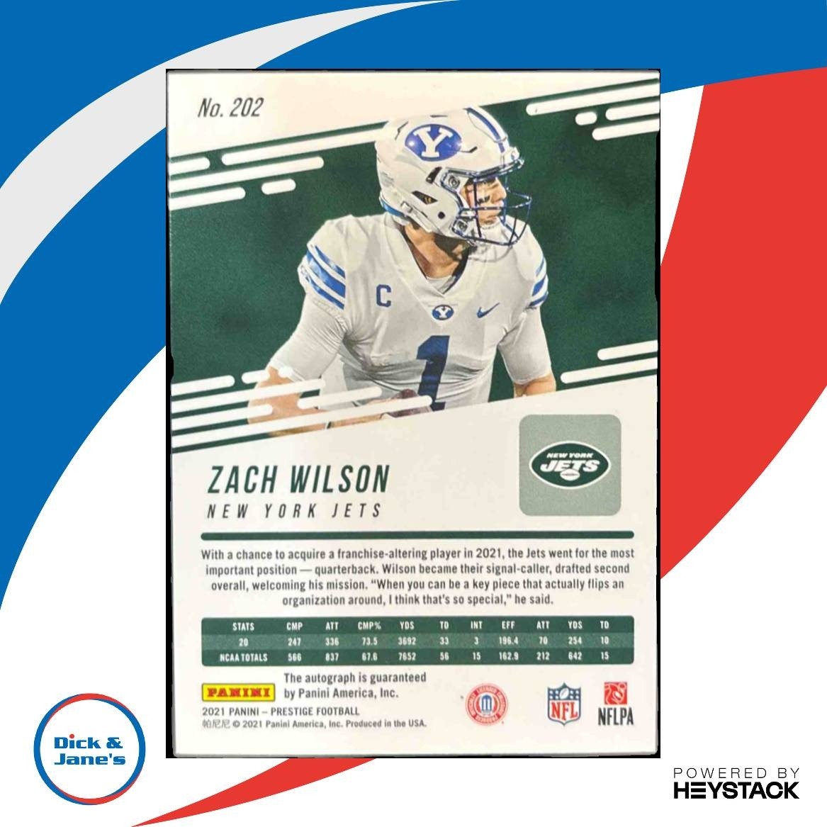 2021 Panini Prestige Zach Wilson Xtra Points Signatures Red #202 RC Auto Jets