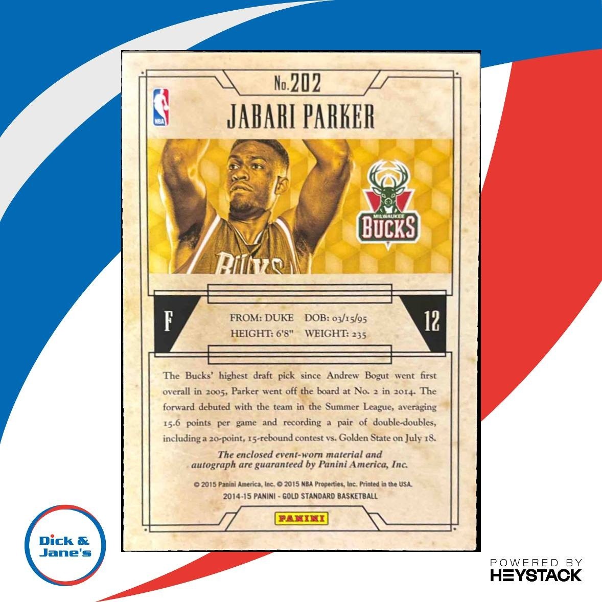 2014-15 Panini Gold Standard Jabari Parker /199 #202 RC Auto Milwaukee Bucks
