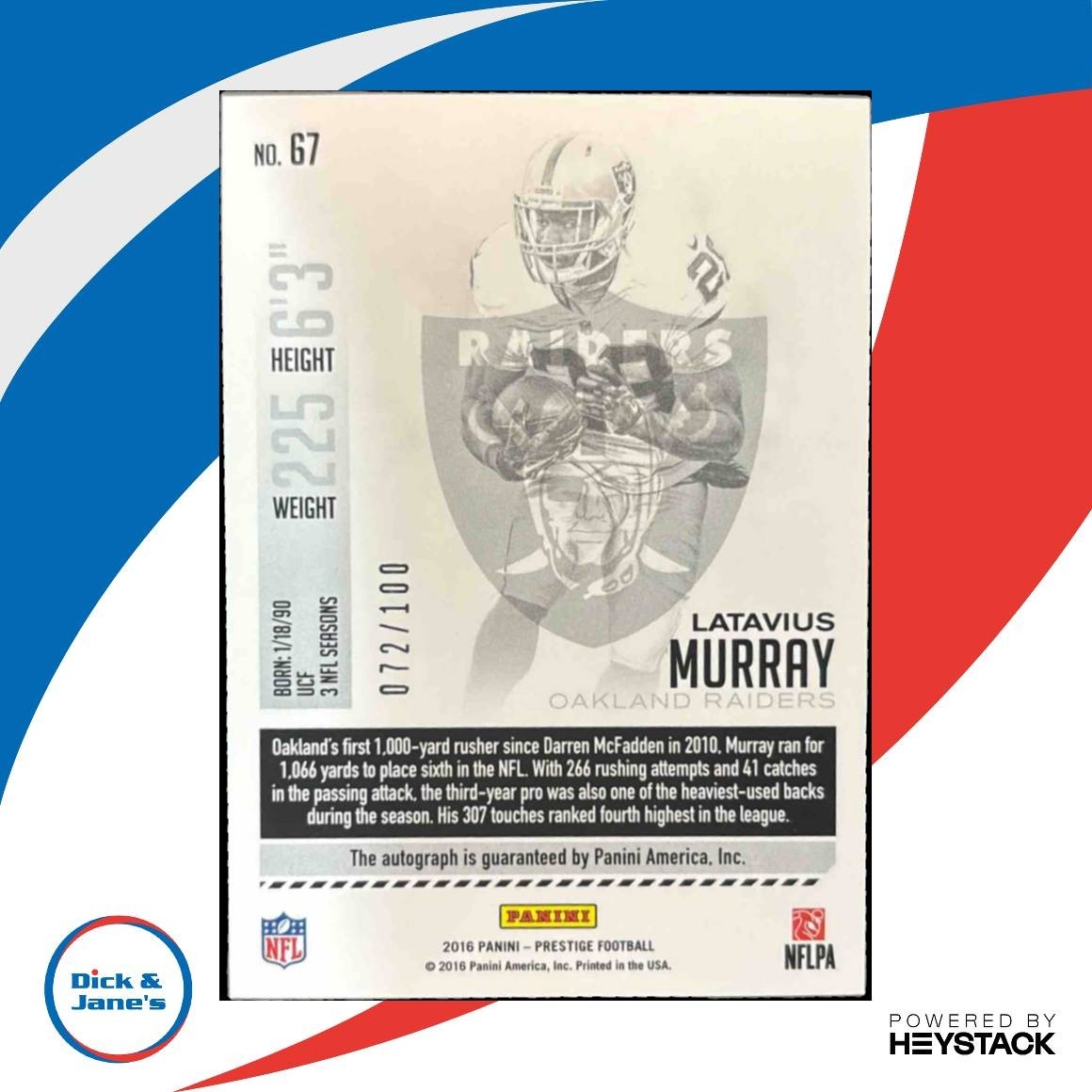 2016 Panini Prestige Latavius Murray Signatures Purple /100 Auto Oakland Raiders