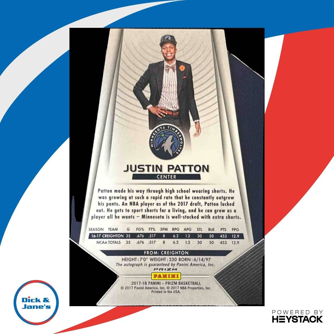 2017-18 Panini Prizm Justin Patton Auto Silver #85 RC Minnesota Timberwolves