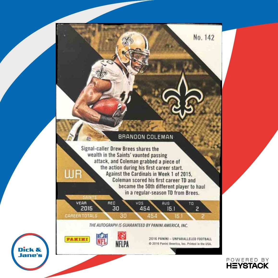 2016 Panini Unparalleled Brandon Coleman Auto /99 #142 New Orleans Saints