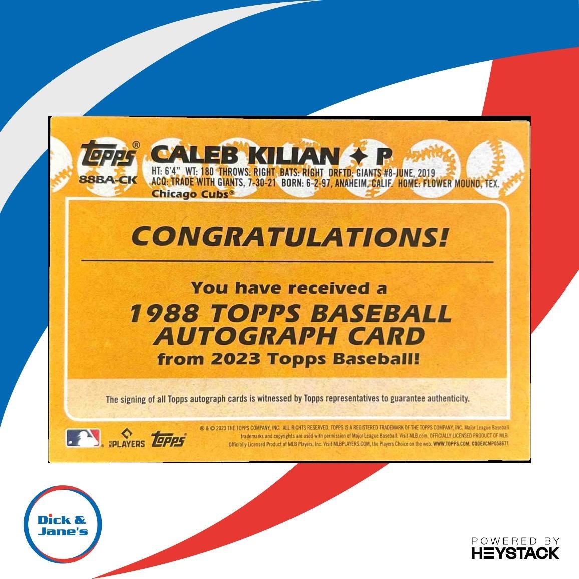 2023 Topps Caleb Kilian 1988 Baseball 35th Anniversary Auto RC Chicago Cubs