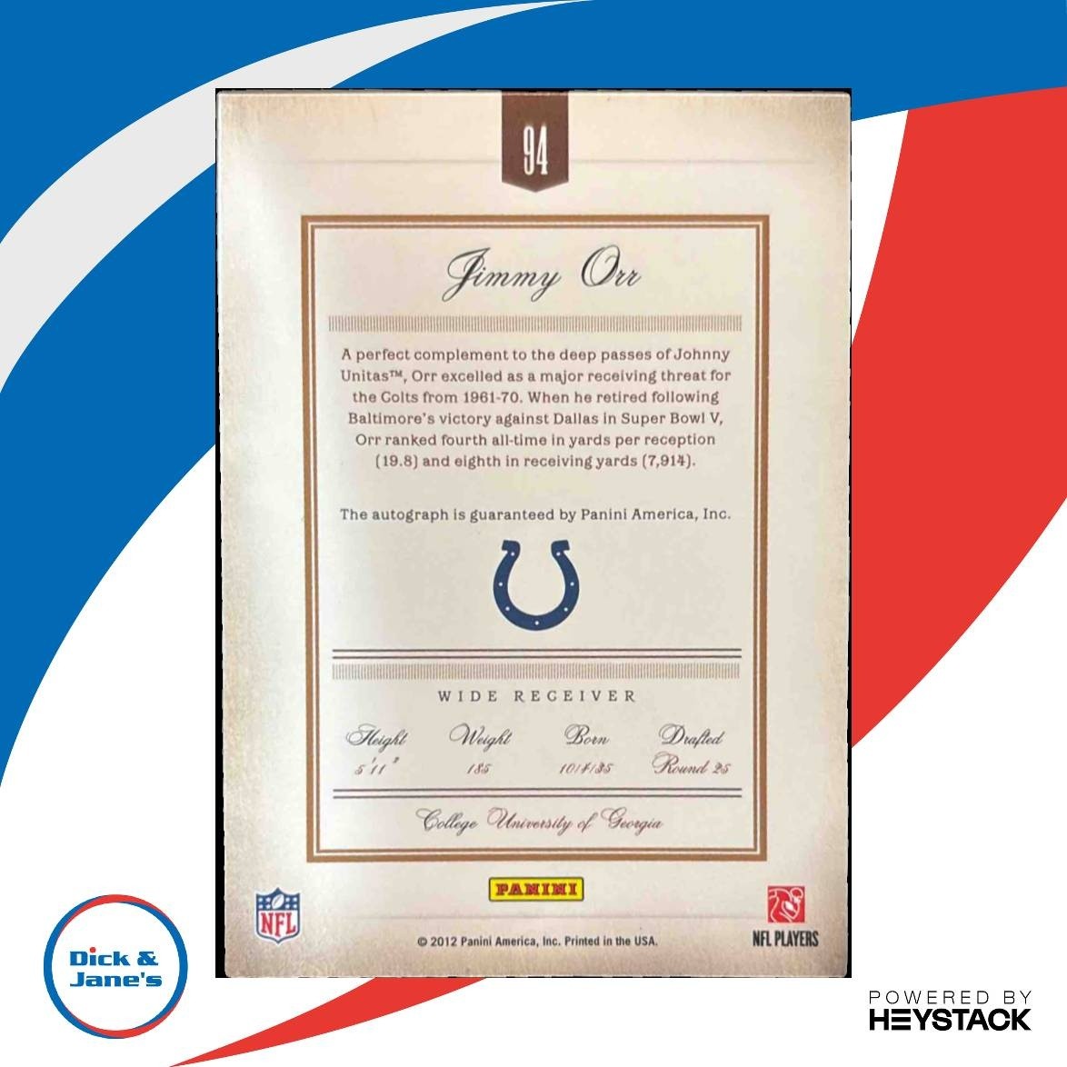 2011 Panini Prime Signatures Jimmy Orr Auto Silver /49 #94