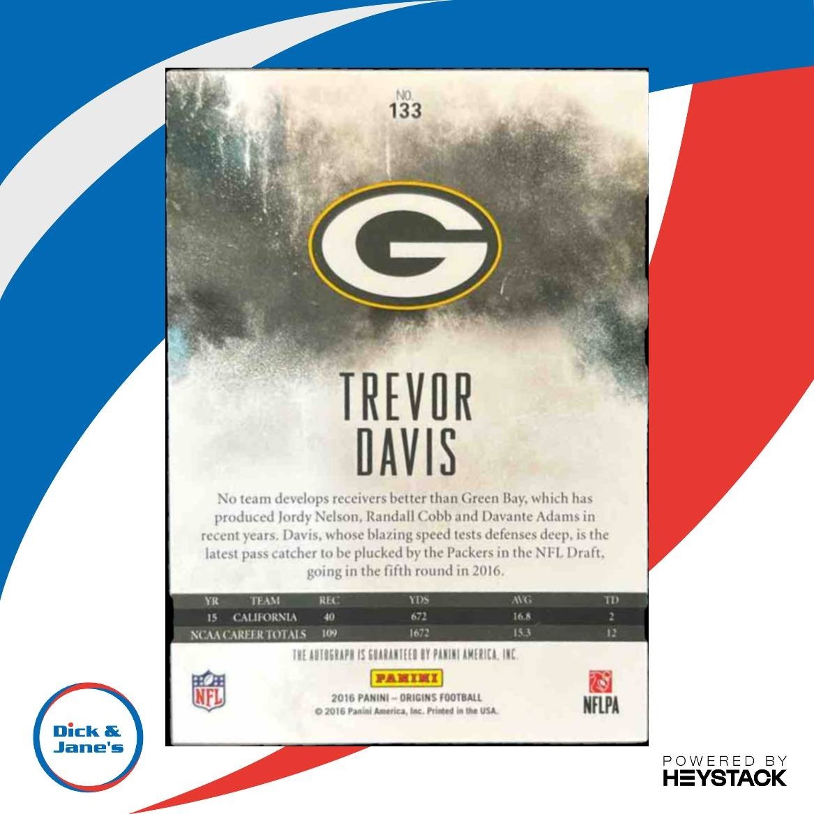 2016 Panini Origins Trevor Davis #133 RC Auto Green Bay Packers