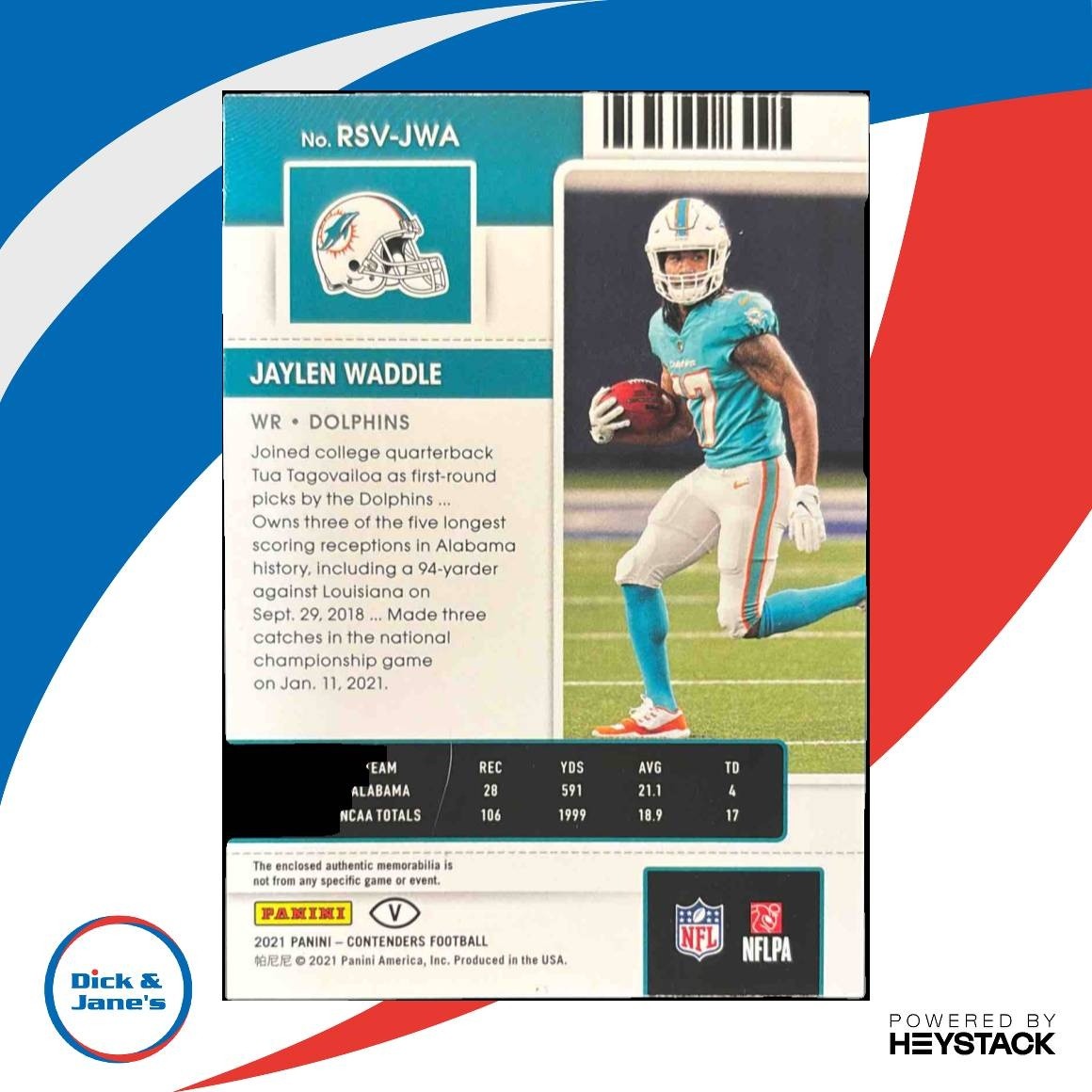 2021 Panini Contenders Jaylen Waddle Rookie Ticket Swatches RC Miami Dolphins