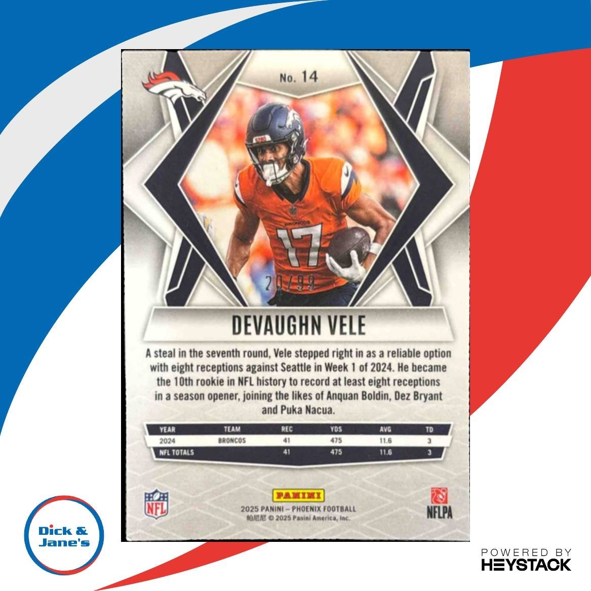 2025 Panini Phoenix Devaughn Vele Red /99 #14 Denver Broncos