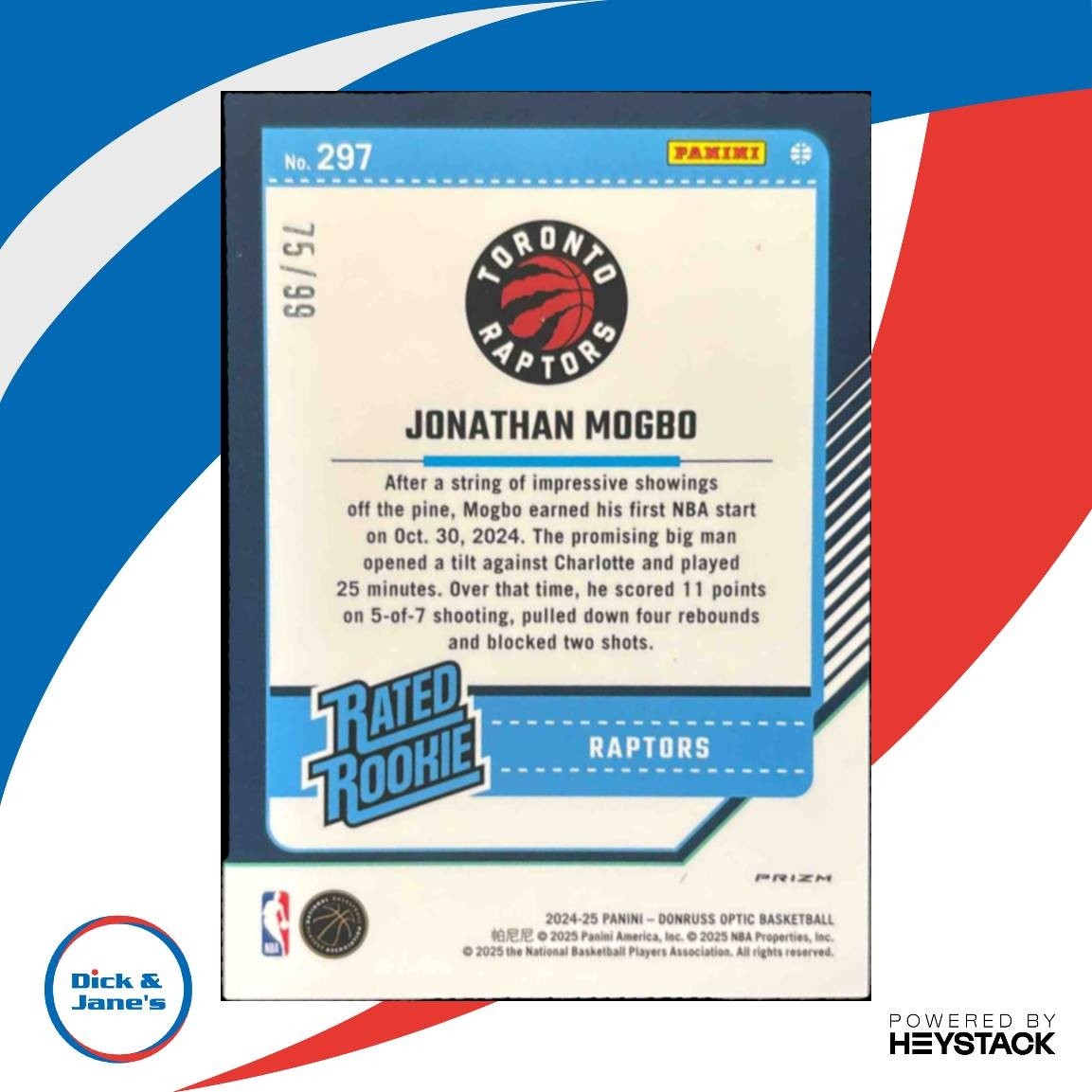 2024-25 Donruss Optic Jonathan Mogbo Red Prizm /99 #297 RC Toronto Raptors