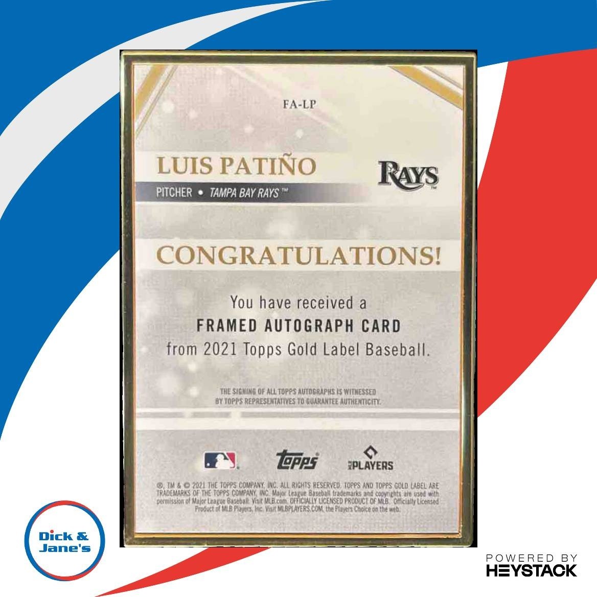 2021 Topps Gold Label Luis Patino Framed Auto RC Tampa Bay Rays