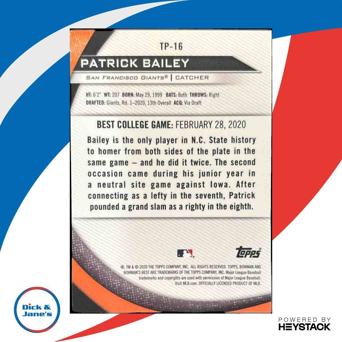 2020 Bowman's Best Patrick Bailey Top Prospects Green /99 San Francisco Giants
