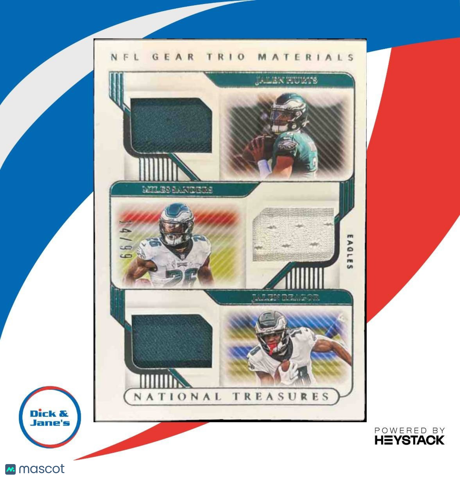 2020 National Treasures Jalen Hurts Reagor Miles Sanders Tri Patch /99