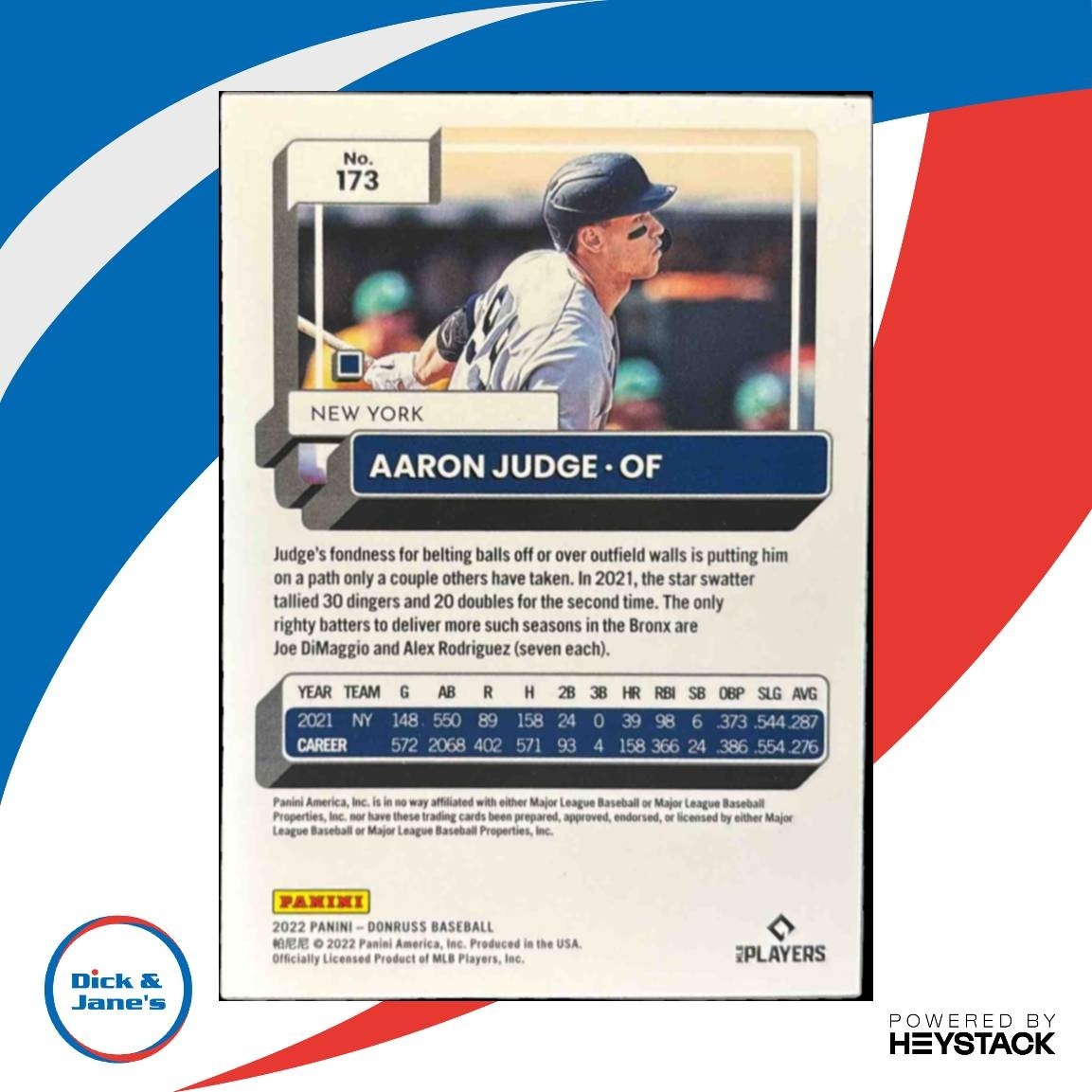 2022 Panini Donruss Aaron Judge Holo Blue #173 New York Yankees