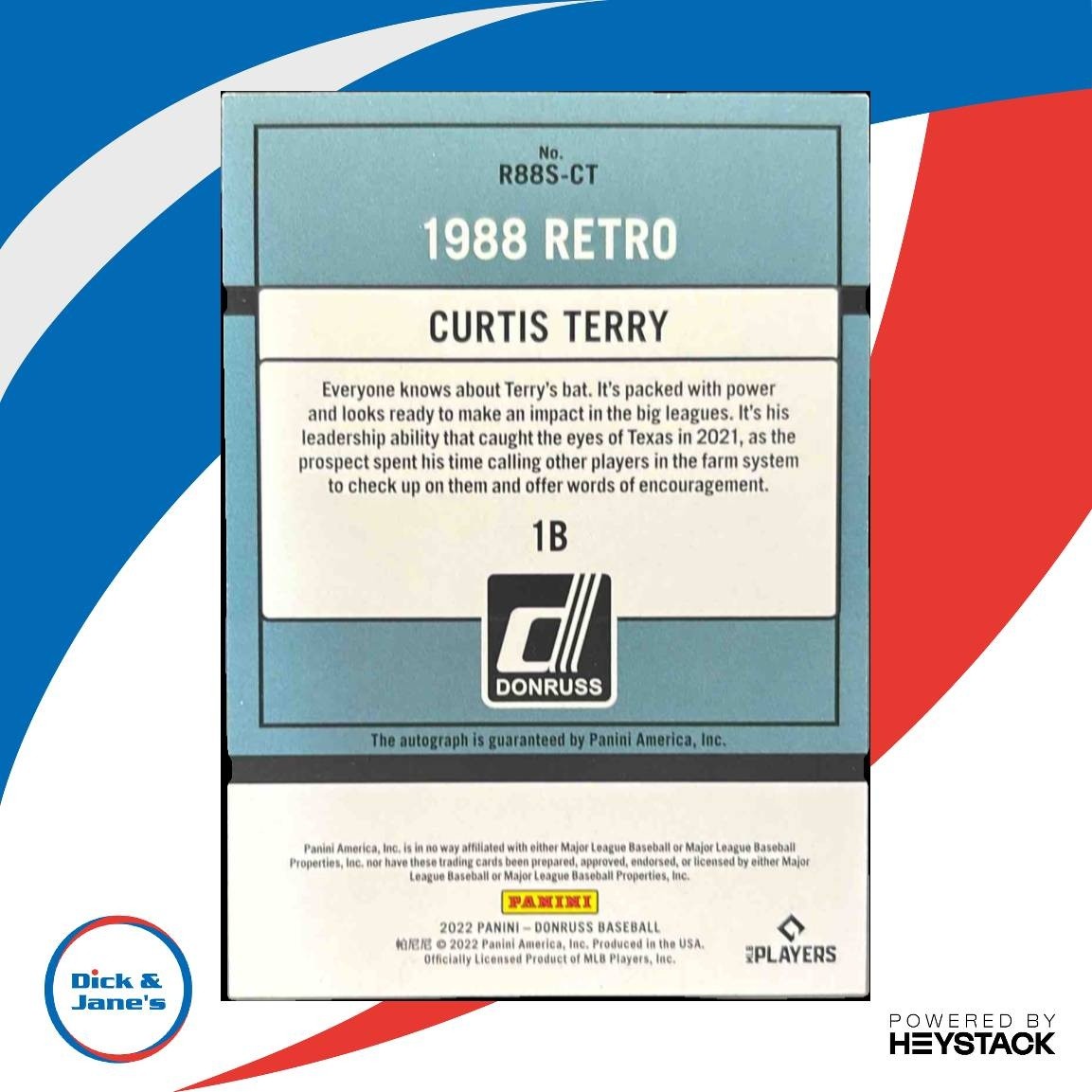 2022 Panini Donruss Curtis Terry Retro 1988 Signatures Auto RC Texas Rangers