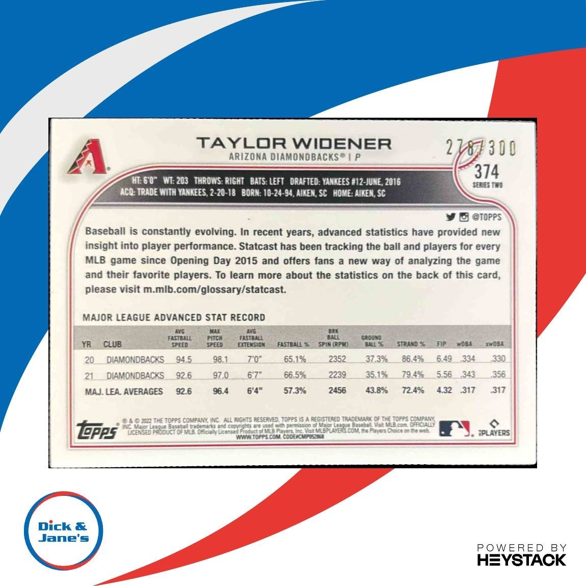 2022 Topps Taylor Widener Advanced Stat /300 #374 Arizona Diamondbacks