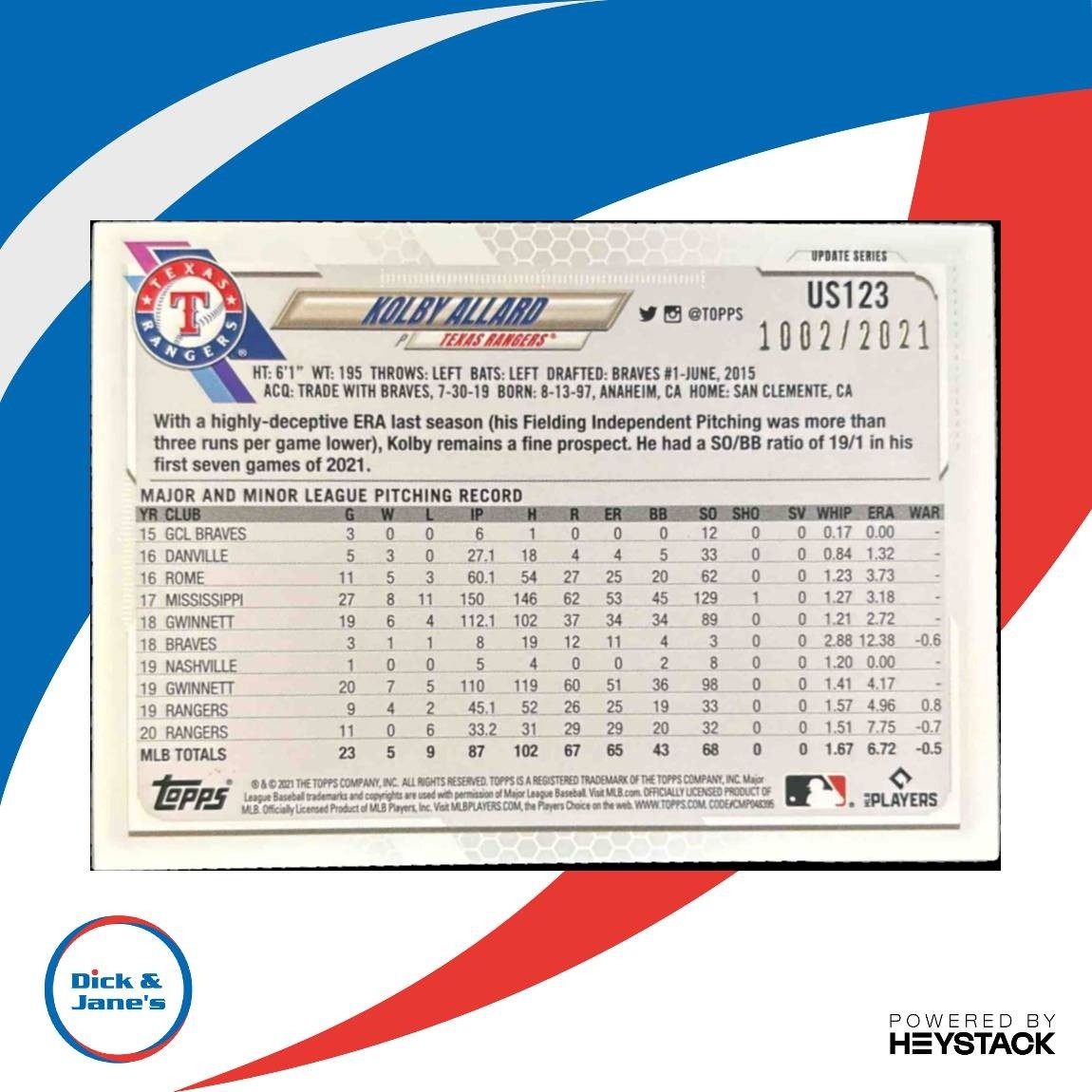 2021 Topps Update Kolby Allard Gold /2021 #US123 Texas Rangers