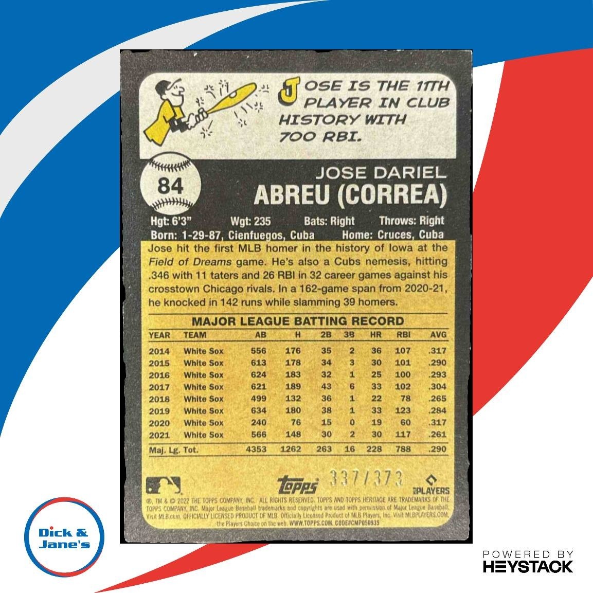 2022 Topps Heritage Jose Abreu Chrome Silver /373 #84 Chicago White Sox