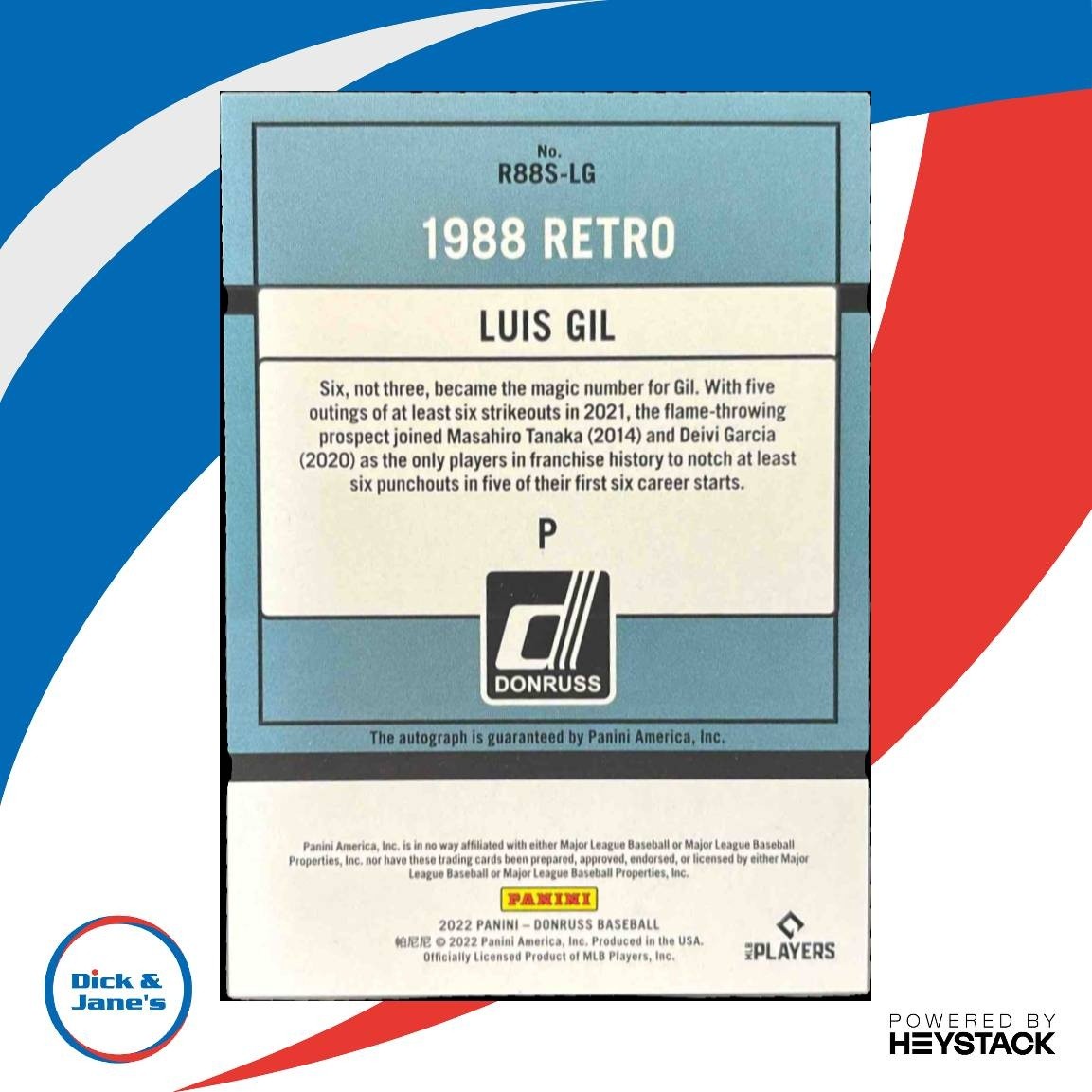 2022 Donruss Luis Gil Retro 1988 Signatures Holo Auto RC New York Yankees