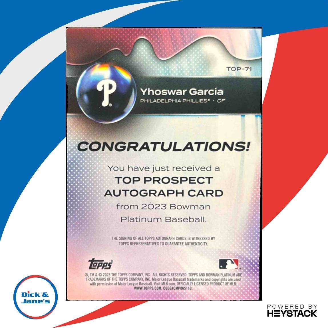 2023 Bowman Platinum Yhoswar Garcia Top Prospects Auto #TOP-71 Phillies