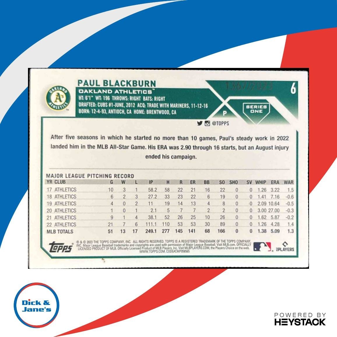 2023 Topps Paul Blackburn Gold /2023 #6 Oakland Athletics