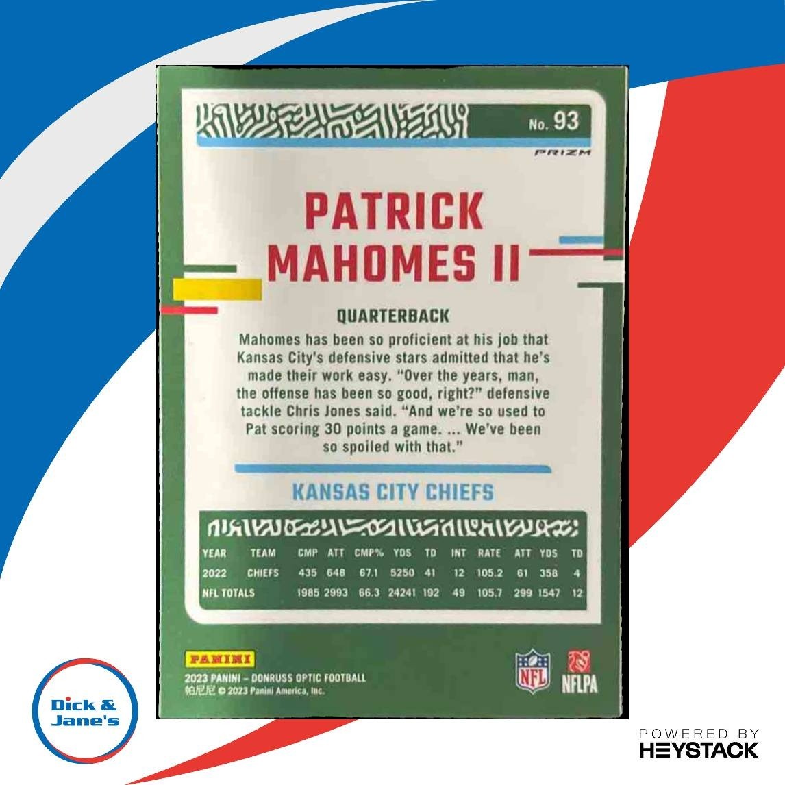 2023 Panini Donruss Optic Patrick Mahomes II Holo Prizm #93 Kansas City Chiefs